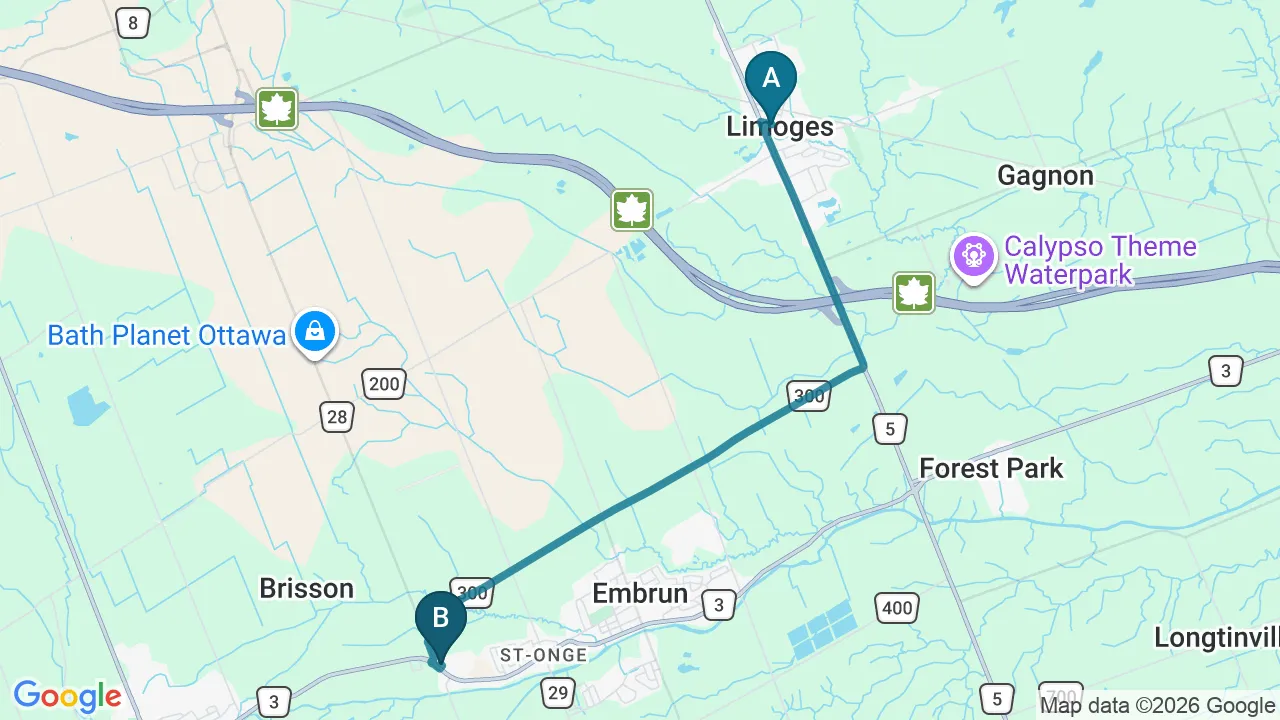Driving directions map from Limoges, ON to Embrun Chiropractic Clinic in Embrun