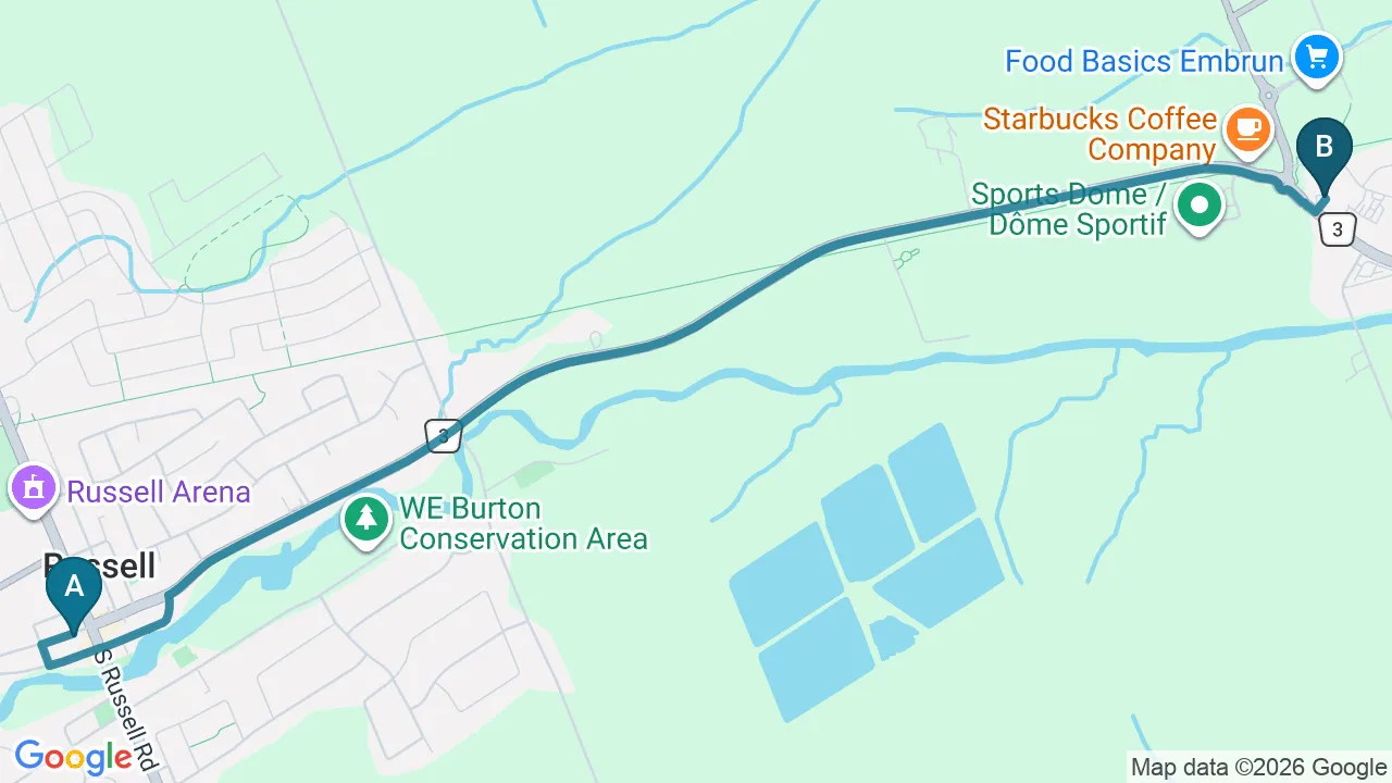 Driving directions map from Russell, ON to Embrun Chiropractic Clinic in Embrun