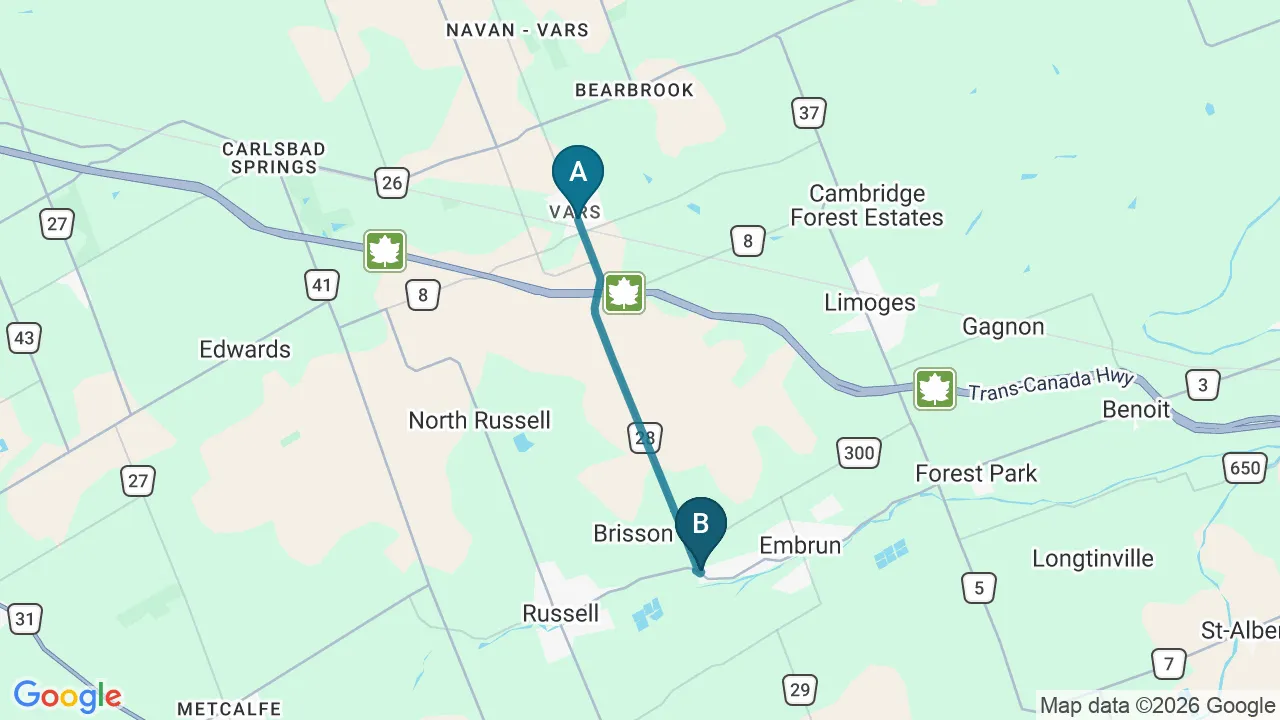 Driving directions map from Vars, ON to Embrun Chiropractic Clinic in Embrun